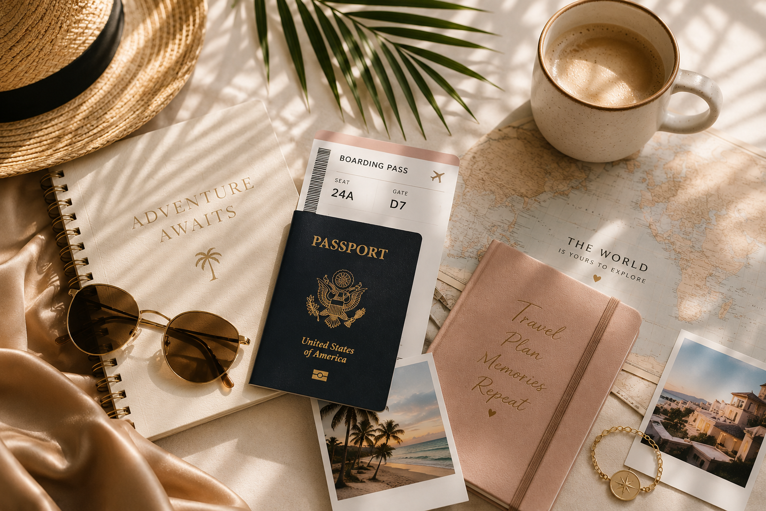 A warm, sunlit flatlay of travel essentials — passport, boarding pass, coffee, sunglasses, notebook, and map — inviting you to begin your journey